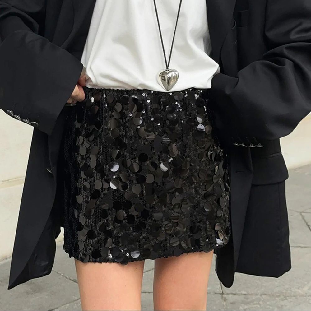Commense Mini Skirt Black Sequins Lined Dressy SZ XS NEW